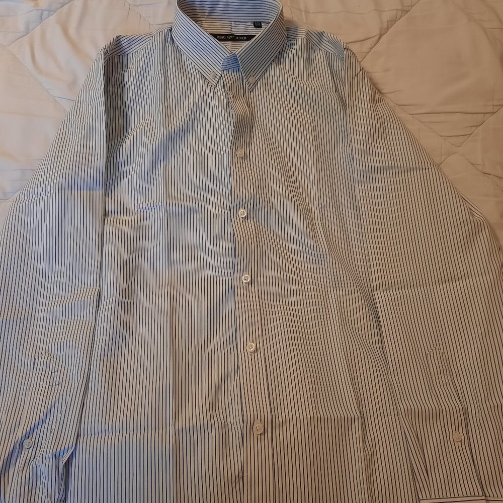 Verno Fashion, Neck 16, Blue Striped White Dress Shirt